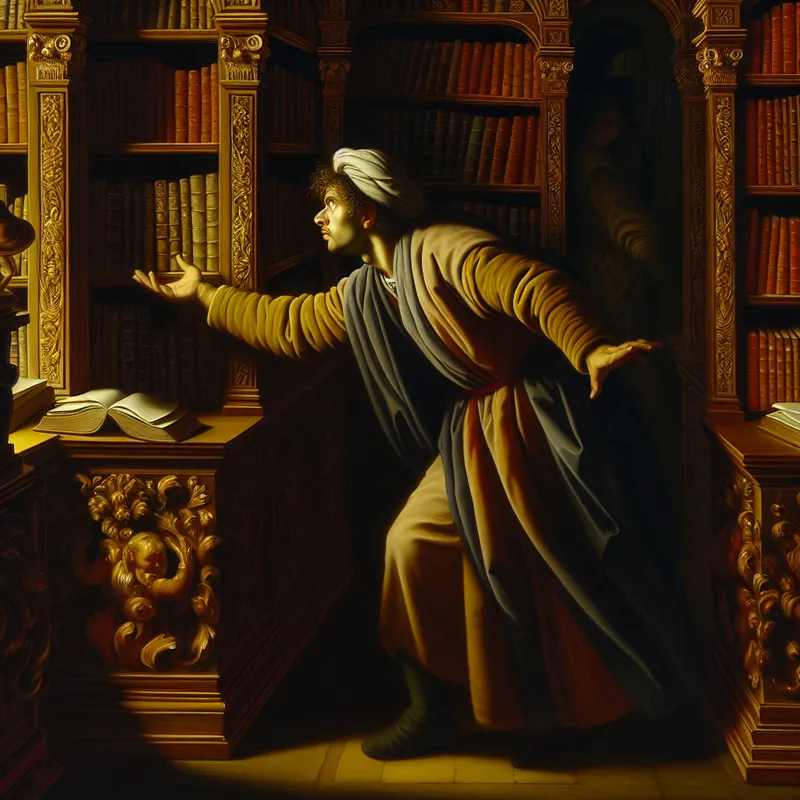 Een jonge man in een barokke bibliotheek zoekt gefrustreerd naar een boek tussen de overvolle boekenplanken.