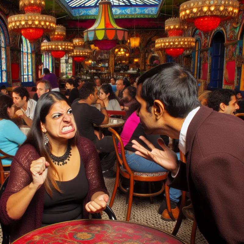 Een gefrustreerde vrouw in een druk café met een grimasse op haar gezicht, terwijl ze ongeduldig op de tafel tikt.