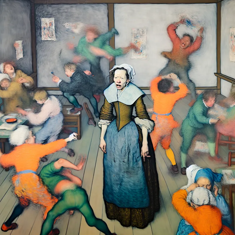 Abstracte uitbeelding van een gefrustreerde leraar in een chaotische klaslokaal, omringd door kinderen die aan de muren tekenen.