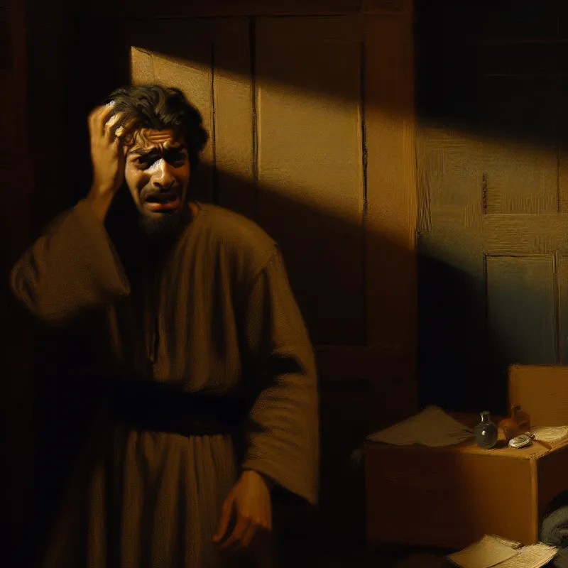 Persoon in donkere kamer met dramatisch licht, hoofd vasthoudend uit frustratie bij tegenslag of chaos