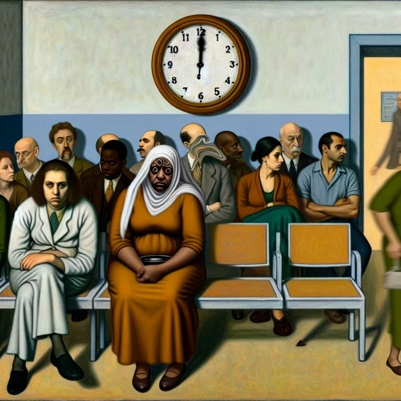 Een gefrusteerde persoon in een ziekenhuiswachtruimte, omringd door een geometrisch patroon van andere mensen in verschillende emoties, met een vervormde klok op de achtergrond.