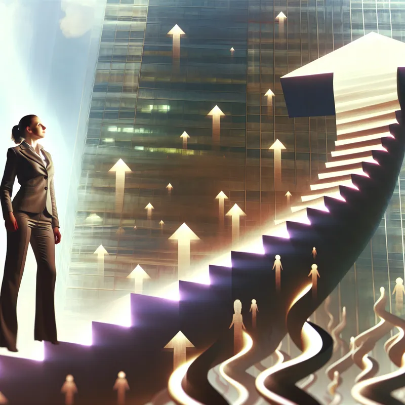 Vrouw in zakelijk pak kijkt vastberaden naar een surrealistische trap die carrièregroei en functies binnen een organisatie symboliseert