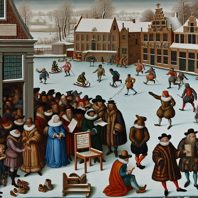 17e-eeuws Nederlands wintertafereel met dorpsbewoners die wachten op de bezetting van een directeursfunctie, lege stoel met opschrift 'Directeur'