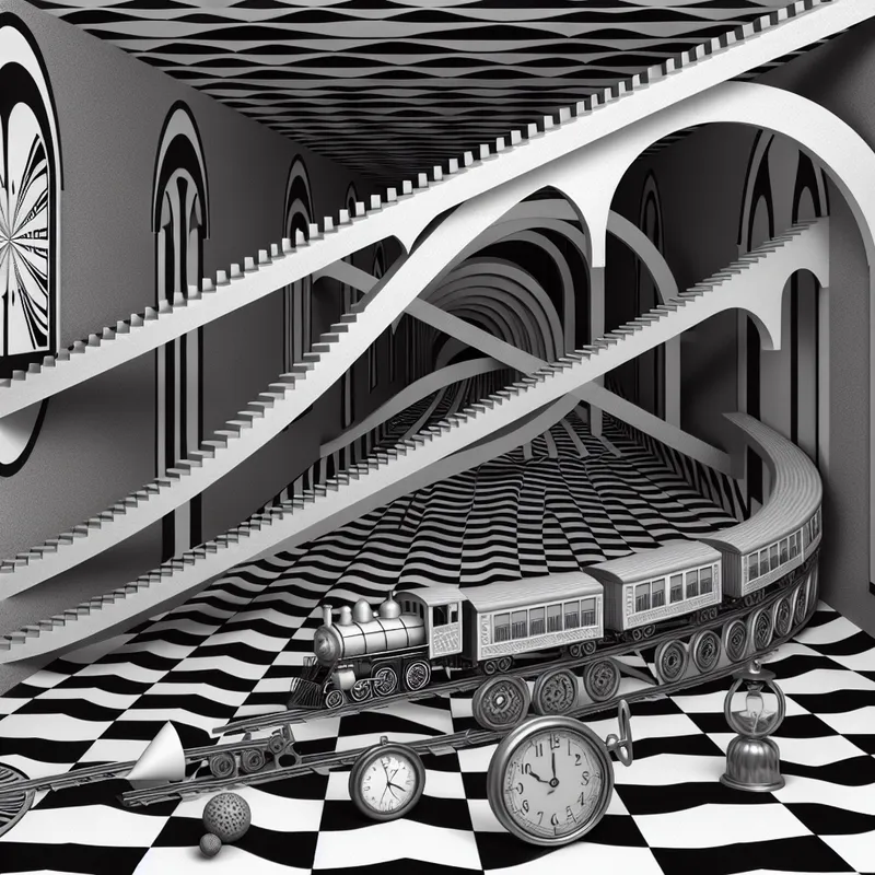 Surrealistische trein op geometrische sporen in de stijl van M.C. Escher, symboliserend correct functioneren van een systeem