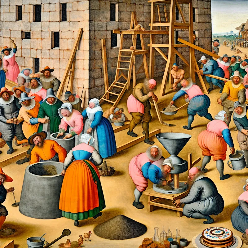 Chaotische 17e-eeuwse bouwplaats met arbeiders die een stevig betonnen fundament leggen voor een toren, geïnspireerd op Jan Steen, met contrast tussen bouw en bakkerij