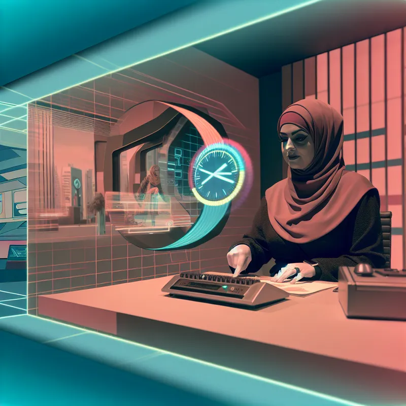 Een vrouw werkt geconcentreerd aan haar bureau in een futuristisch kantoor vol moderne technologie, omgeven door geometrische vormen en een digitale klok.