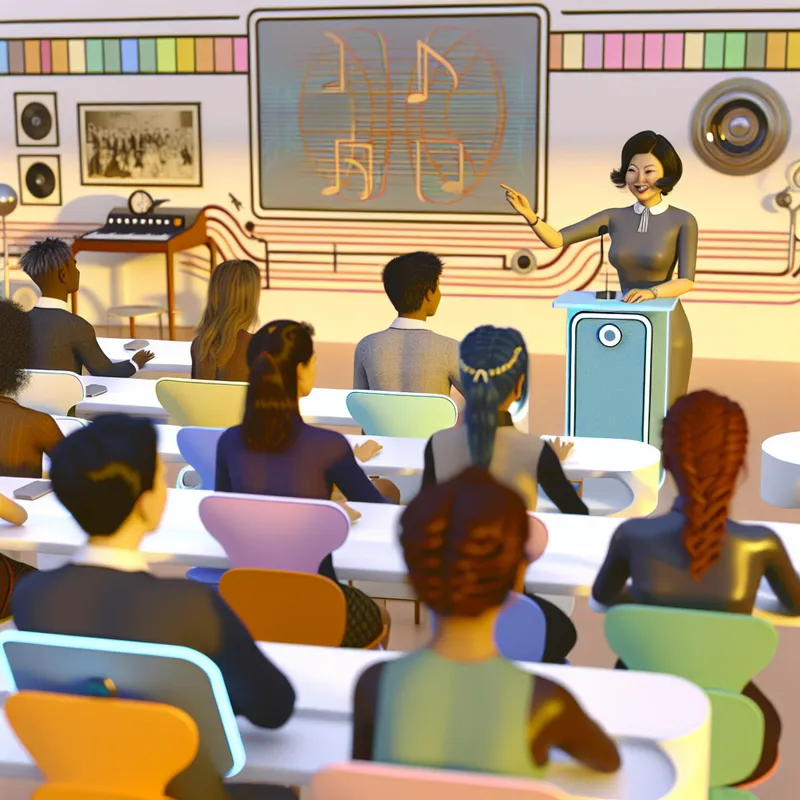 Een futuristische klaslokaalscène met een vriendelijke leraar en diverse studenten aan retro-futuristische bureaus.