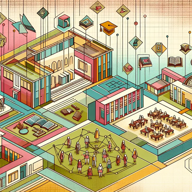 Illustratie van een futuristische schoolomgeving in Nederland met studenten die leren en interageren in een educatief systeem.