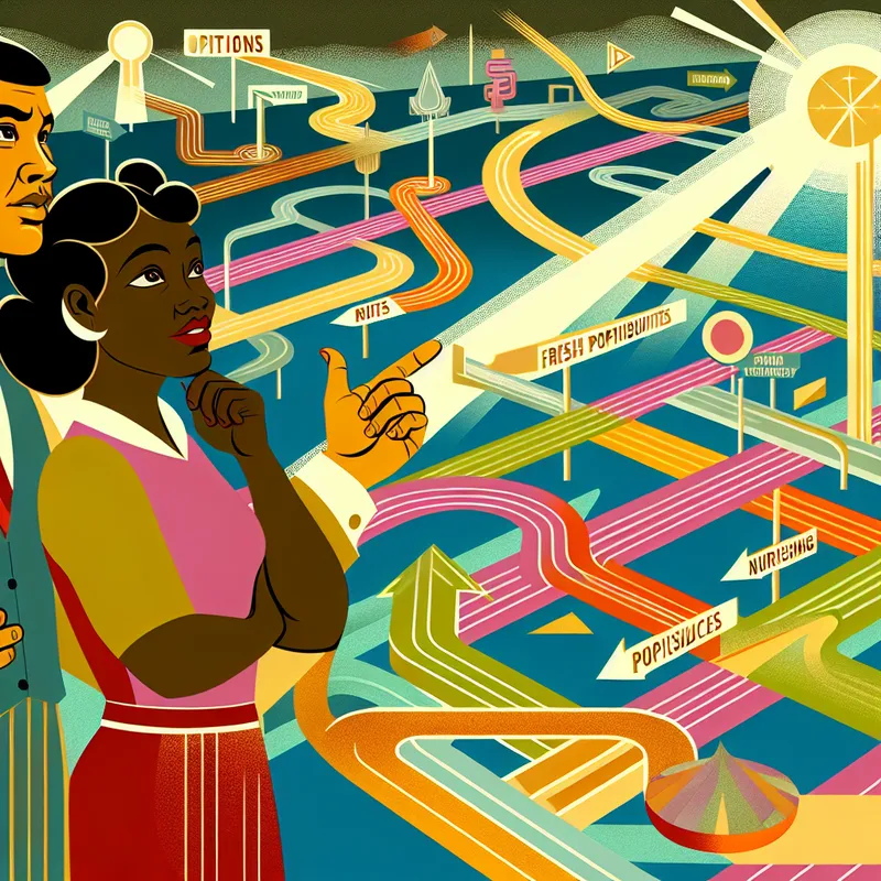 Twee individuen in een futuristisch park, die opties afwegen bij verschillende paden met een symbolische uitstraling.