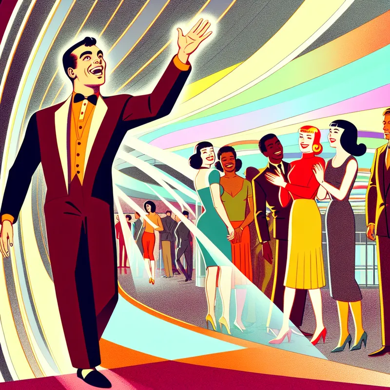 Jonge man Mark begroet groep in futuristisch retro-interieur