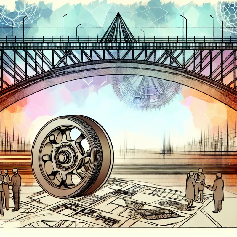 Een futuristisch brugontwerp dat stabiliteit in de constructie vertegenwoordigt, met een prominente as en bouwvakkers die blauwdrukken analyseren.