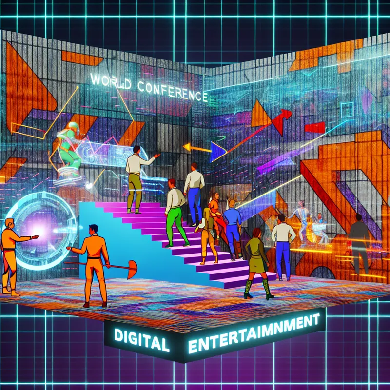 Futuristische conferentie met deelnemers in creatieve outfits die betrokken zijn bij digitale entertainment technologie en holografische displays.