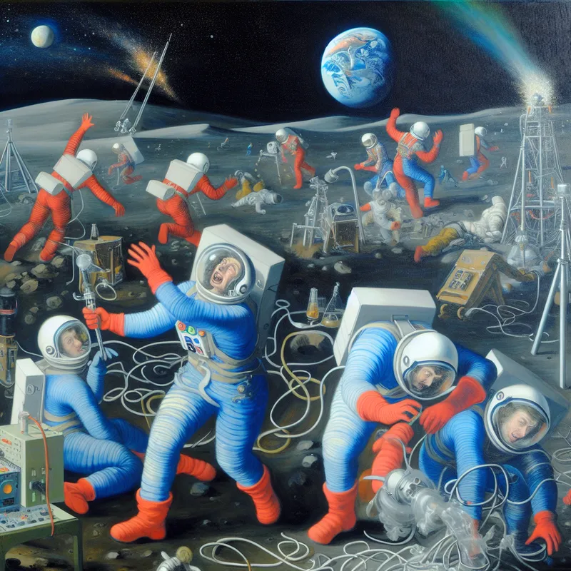 Astronauten van de Internationale Ruimtevaartorganisatie planten een vlag op de maan, met de aarde op de achtergrond.