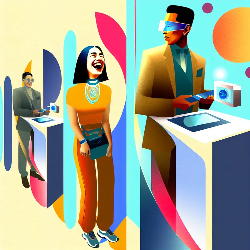 Twee mensen in een futuristische wachtrij, met geometrische vormen om hen heen, waarbij de eerste persoon een item ontvangt van een balie en de tweede persoon wacht.