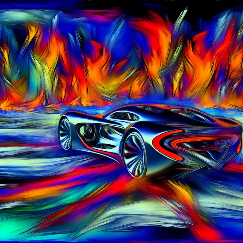 Abstract expressionistisch schilderij van een coole, moderne auto met felle kleuren en dynamische penseelstreken, symbool voor 'gaaf' in jongerentaal