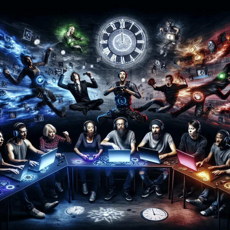 Een groep enthousiaste gamers rond een verlichte gamingtafel, betrokken bij een snel spel, met laptops en schermen die intense actie tonen.