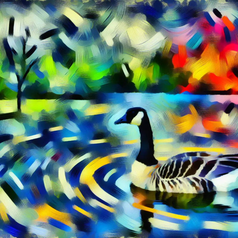 Een gans die rustig op een serene vijver zweeft, omgeven door levendige abstracte penseelstreken.