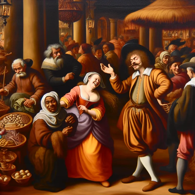 Een man die een vrouw geruststelt in een drukke markt met een kleurrijke kraam en een levendige sfeer.