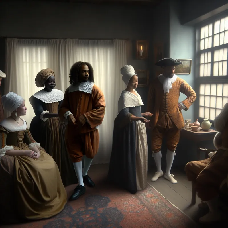 17e-eeuwse Nederlandse gasten arriveren in een sfeervol verlicht huis, geschilderd in de stijl van Johannes Vermeer