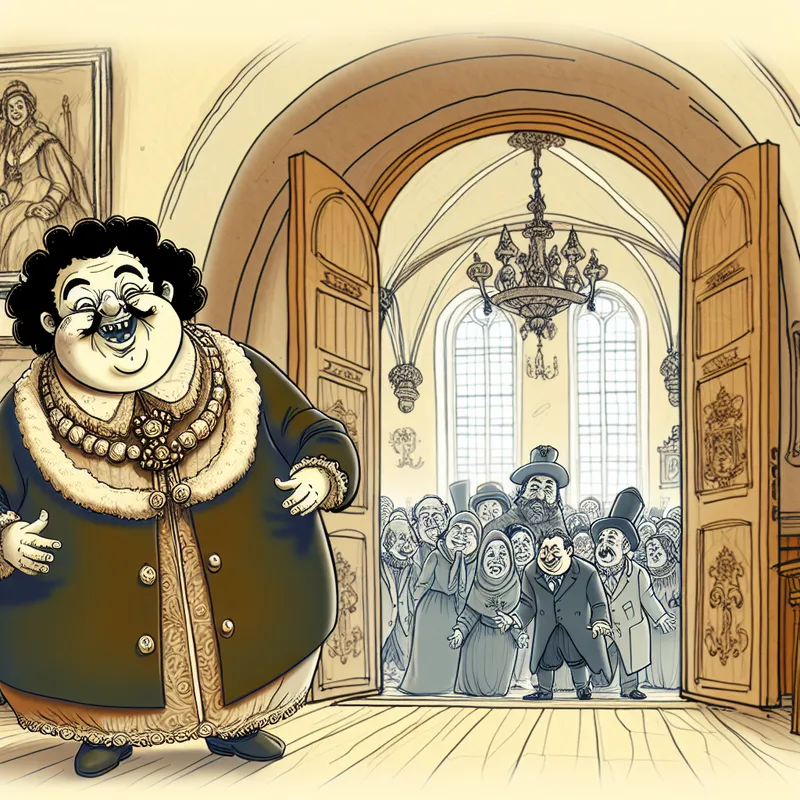 Burgemeester verwelkomt een diverse groep gasten met open armen in een sfeervolle stadhuiszaal in cartoonstijl