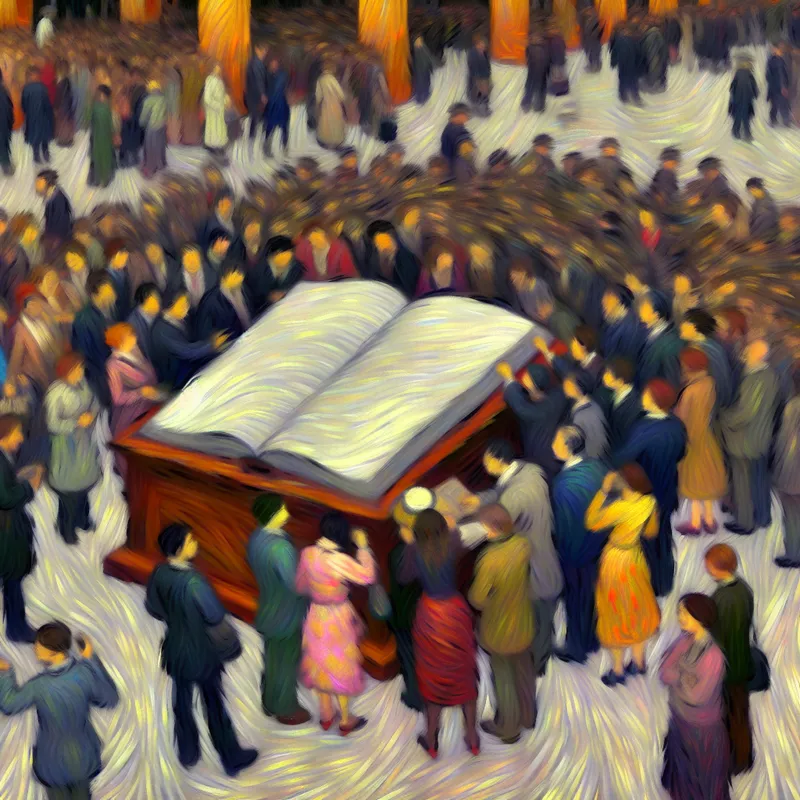 Een drukke lobby bij de ingang met mensen die in een groot gastenboek schrijven