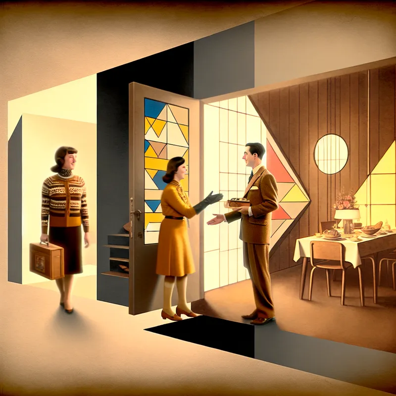 Retro-futuristische illustratie van een gastheer die twee gasten gastvrij ontvangt in een stijlvolle jaren 50-woning met warme verlichting en elegante inrichting