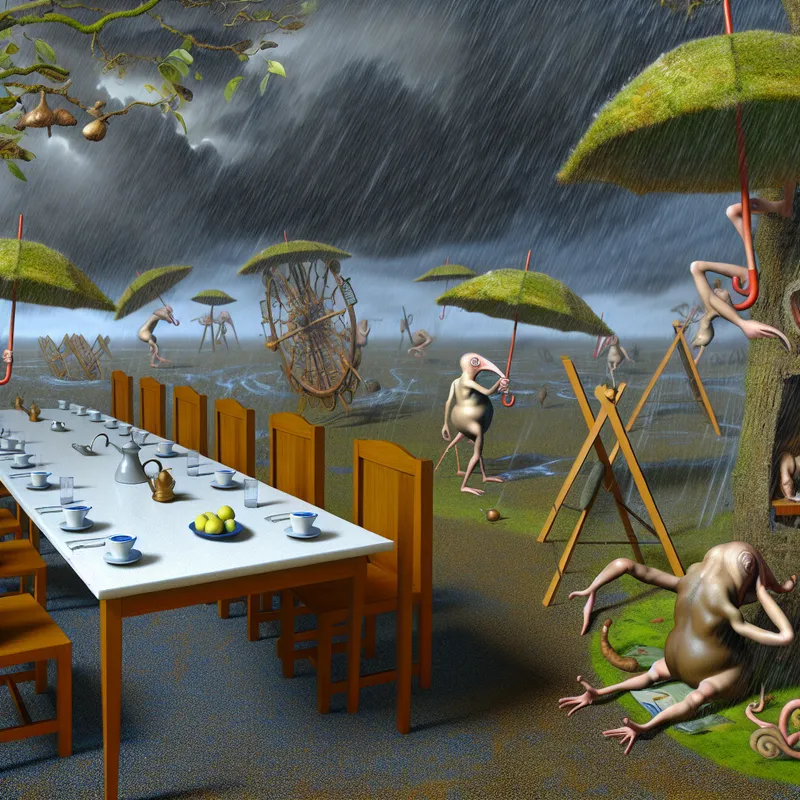 Een geannuleerde vergadering buiten vanwege stormachtig weer met antropomorfe wezens