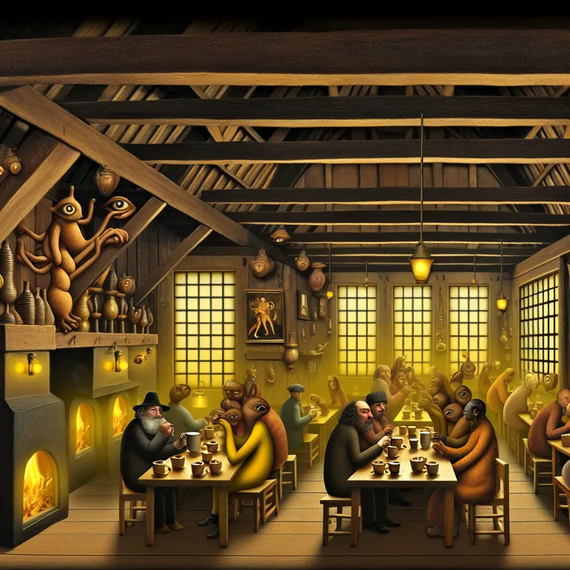 Surrealistisch schilderij in de stijl van Jheronimus Bosch van een warm, uitnodigend Nederlands café met houten balken, gloeiend eten en tevreden gasten, die geborgenheid uitstraalt