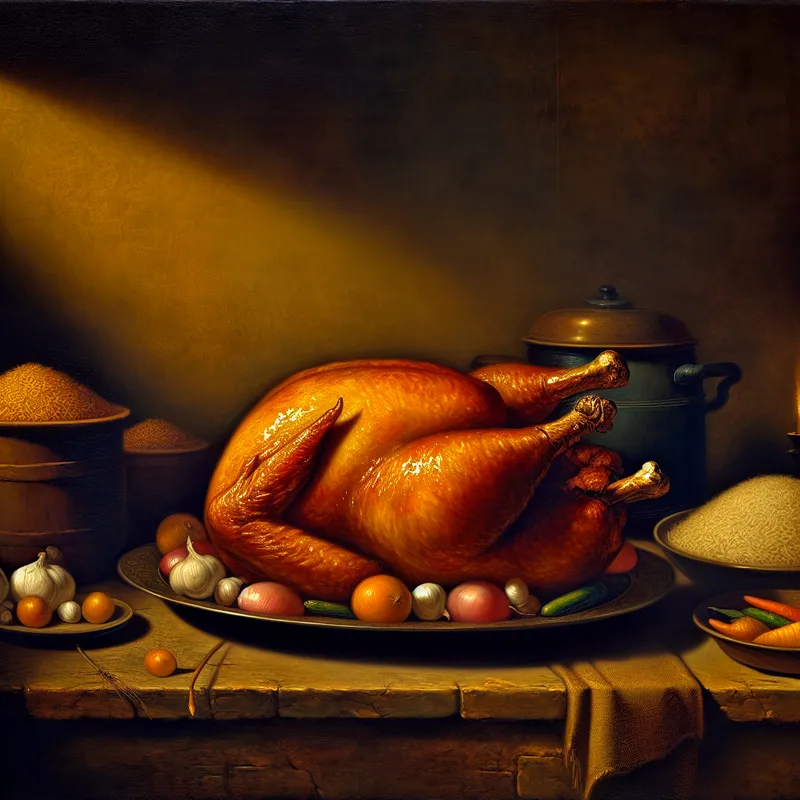 Hyperrealistisch schilderij van een gebraden kip als hoofdgerecht op een houten tafel, omringd door rijst en groenten in een warme keukensetting