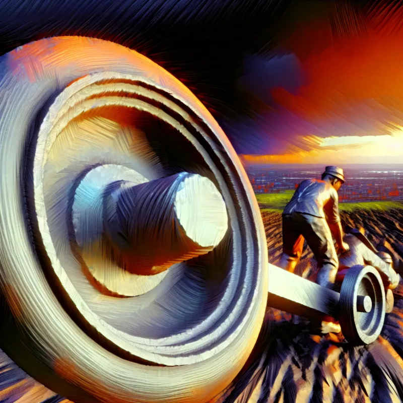 Close-up van een gebroken as van een wagen met een wiel ernaast, gedetailleerd weergegeven in een dramatisch landschap.