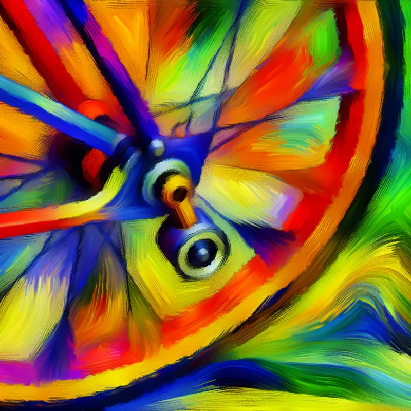 Abstracte en kleurrijke illustratie van een fiets met een gebroken as, waarbij de details van de as zichtbaar zijn.