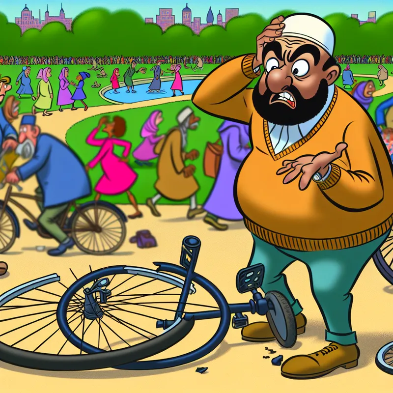 Een cartoon afbeelding van een gefrustreerde fietser die naar een groot gebroken fietsrad kijkt in een levendig park.