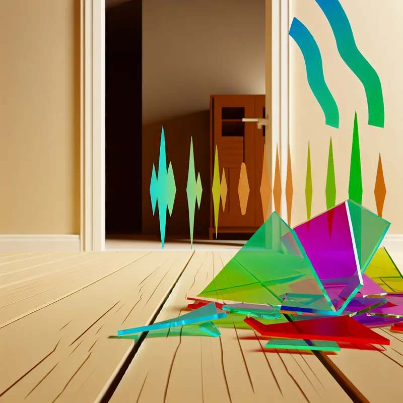 Een minimalistische scène van gebroken glas op een houten vloer, met scherpe randen en heldere kleuren.