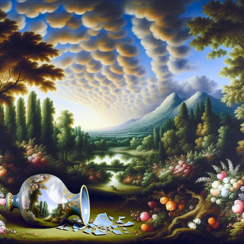 Een gebroken vaas op de grond omringd door kleurrijke bloemen en groen, met een dramatische lucht er boven.