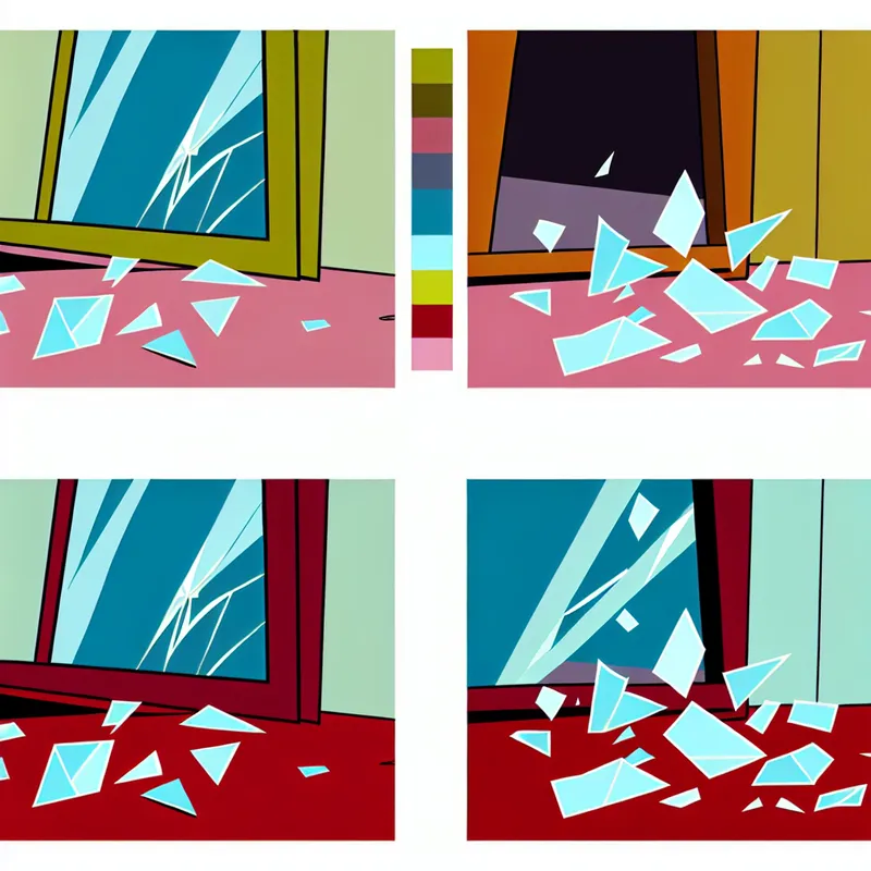 Minimalistische illustratie van een gebroken venster met glasfragmenten op de grond.