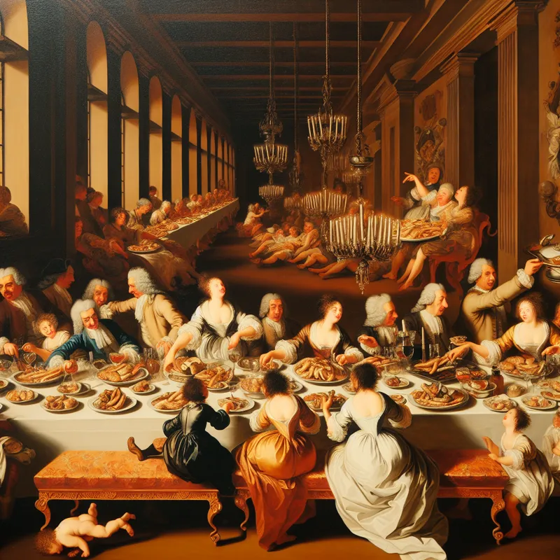 Barokke familiediner-scène met identieke borden eten op een lange tafel, illustrerend het begrip 'gebruikelijk' in een warme, traditionele setting