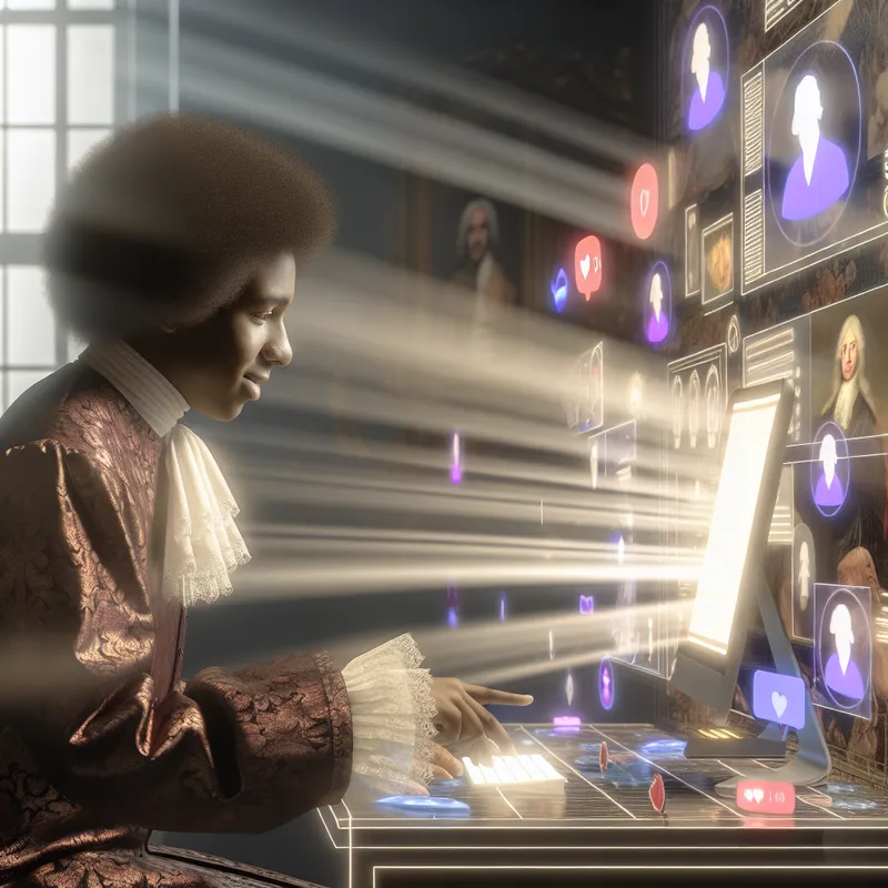 Jonge persoon aan een computer, genietend van het aanpassen van hun online gebruikersprofiel, omgeven door digitale elementen en een warme sfeer.