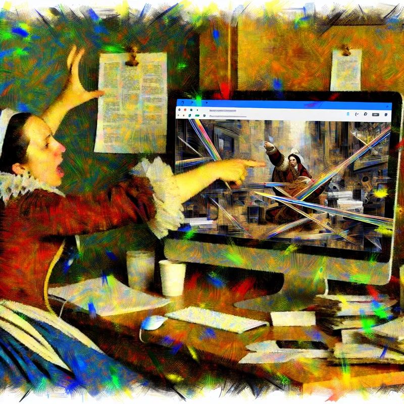 Digitale illustratie van een persoon die gefrustreerd wijst naar een rommelige website met onduidelijke navigatie op een computerscherm