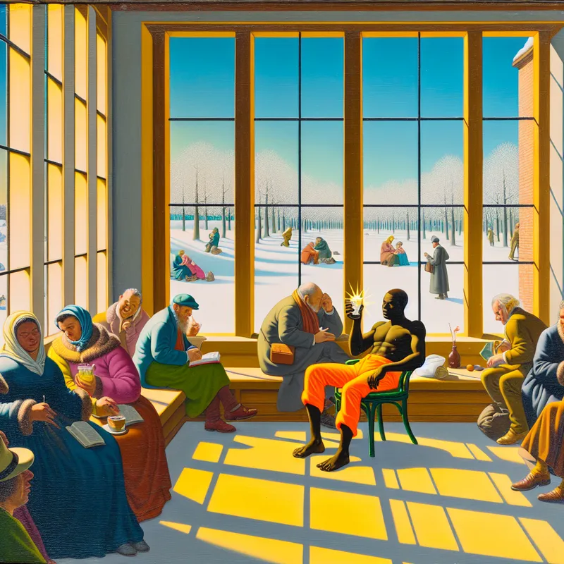 Zonnige vakantiesfeer binnen tijdens de winter: persoon met gebruinde huid geniet van een drankje bij het raam met uitzicht op besneeuwd landschap