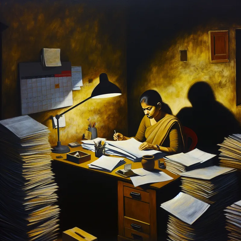 Persoon die geconcentreerd documenten sorteert op een rommelig bureau in een somber verlichte kamer, met een lamp die warm licht uitstraalt.