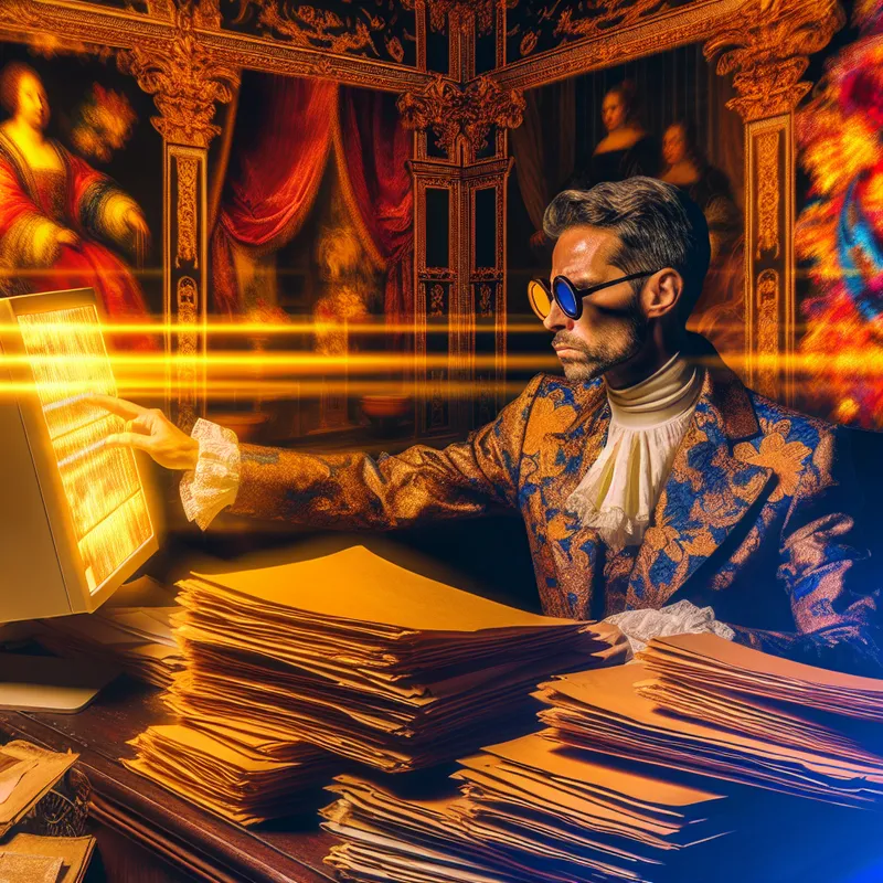 Een persoon geconcentreerd aan een grote, elegante houten bureau met kleurrijke documenten en een computer, op zoek naar een specifiek bestand.