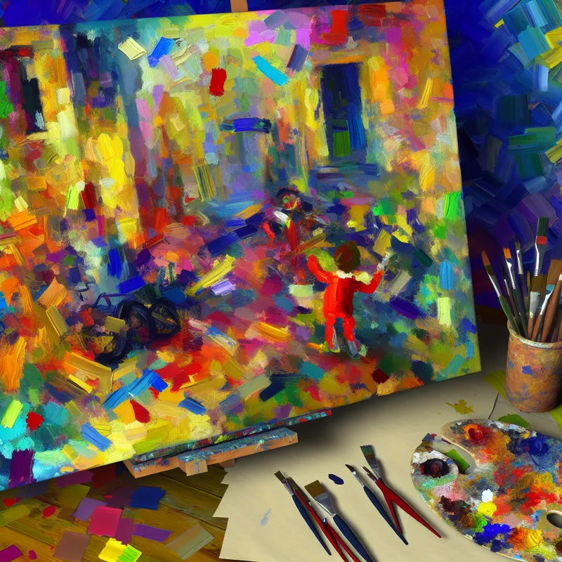 Een abstracte en kleurrijke afbeelding van een gedeeltelijk voltooide schilderij met levendige verfspatten, een kindachtige figuur die energiek aan het schilderen is.