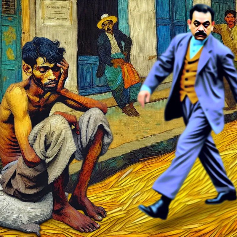 Een gedeprimeerde man zit op een sidewalk met zijn hoofd in zijn handen, terwijl een man in een kostuum voorbijloopt zonder naar hem te kijken.