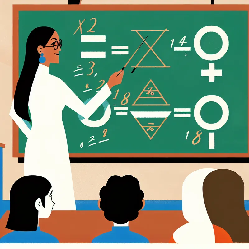 Minimalistische illustratie van een leraar die een wiskundeprobleem gedetailleerd uitlegt op een schoolbord, in de stijl van Dick Bruna