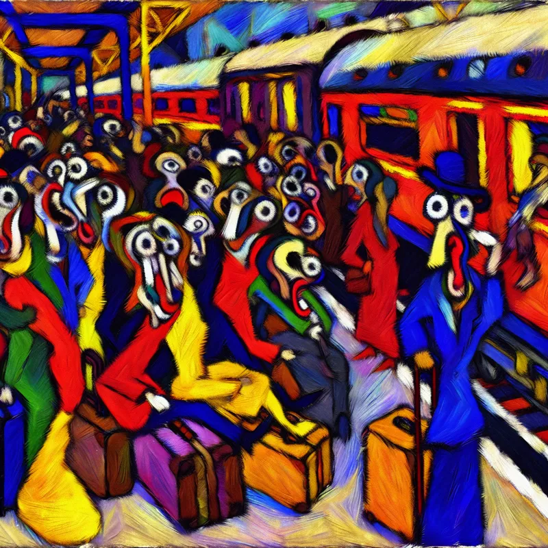 Chaotisch en druk treinstation met gestreste mensen en vertraagde trein, geïnspireerd op de stijl van Karel Appel, symboliserend voor gedoe en frustratie