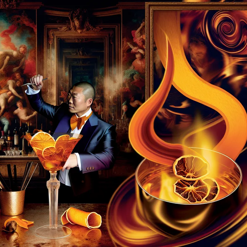 Barman voegt gedroogde sinaasappelschil toe aan vlammende cocktail in weelderige barokke setting