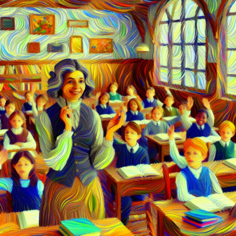 Een geduldige leraar die lesgeeft aan enthousiaste leerlingen in een kleurrijke klas.