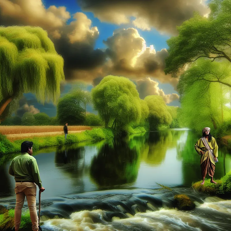 Persoon staat aan een rustige rivier terwijl hij geduldig naar het stromende water kijkt, omringd door weelderige bomen en een dramatische lucht.