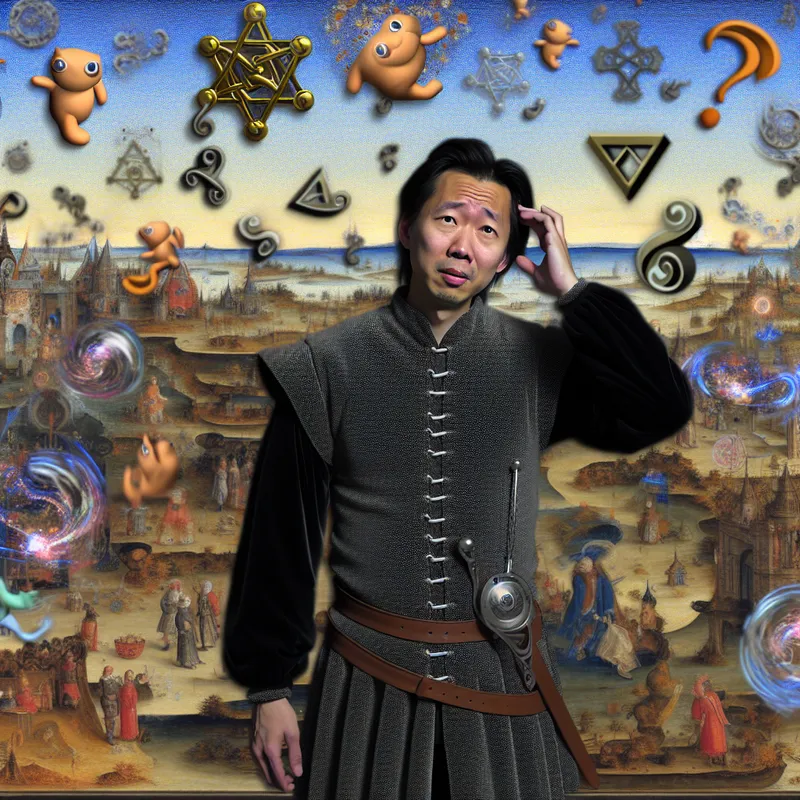 Surrealistisch tafereel van een gefrustreerde middeleeuwse man die zijn hoofd krabt, omringd door zwevende symbolen en bizarre wezens, illustrerend de uitdrukking 'geen barst'