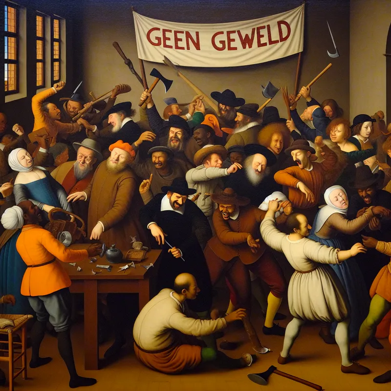 Een diverse groep mensen in een warmgekleurde kamer verwijdert geweldsbeelden, met een grote banner 'Geen Geweld'.